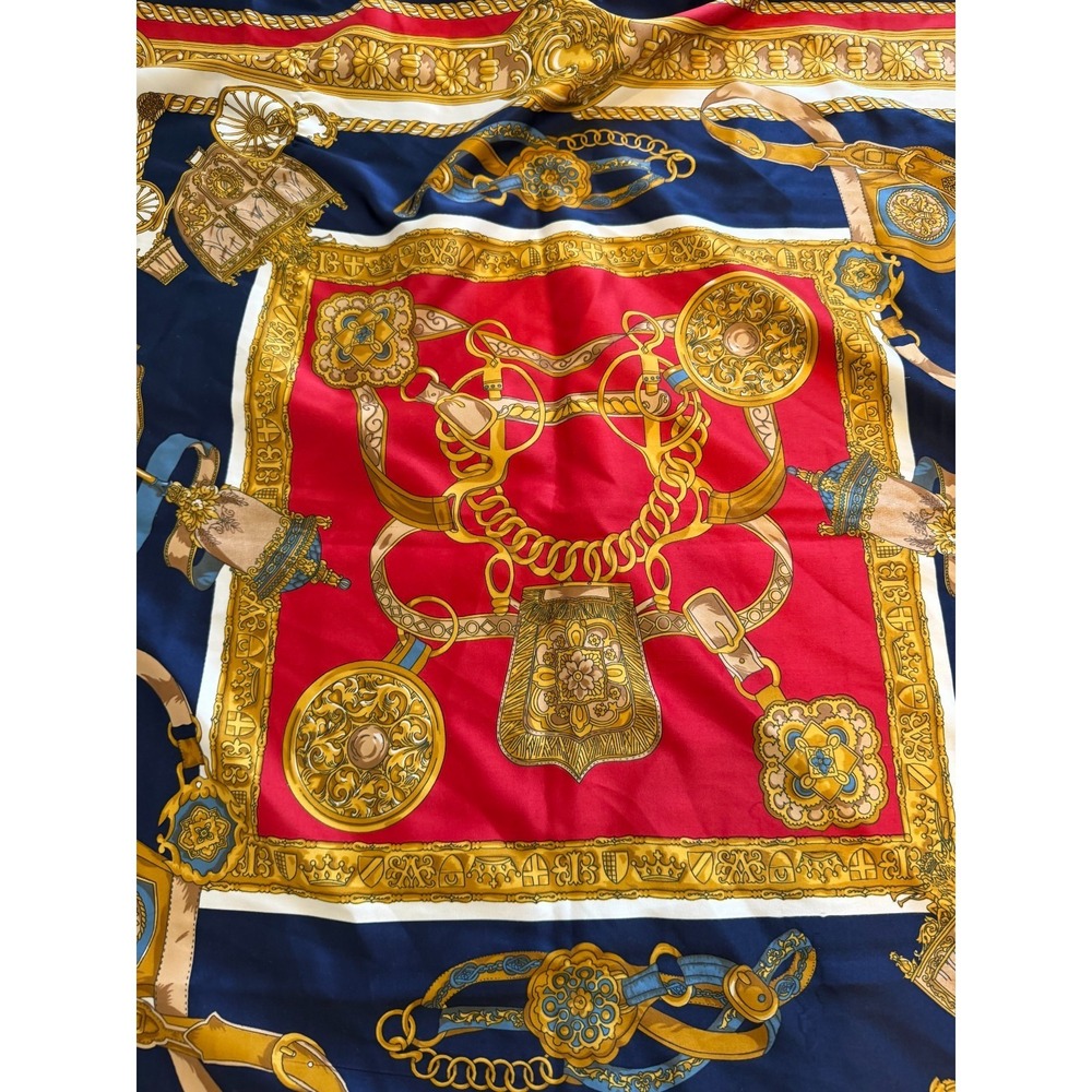 Classic Baroque, Equestrian, and Medallion Silk Scarf 33" Square Navy Blue Gold